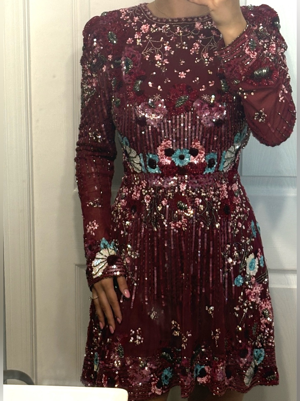 Embroidered Burgundy Long-Sleeve Mini Dress